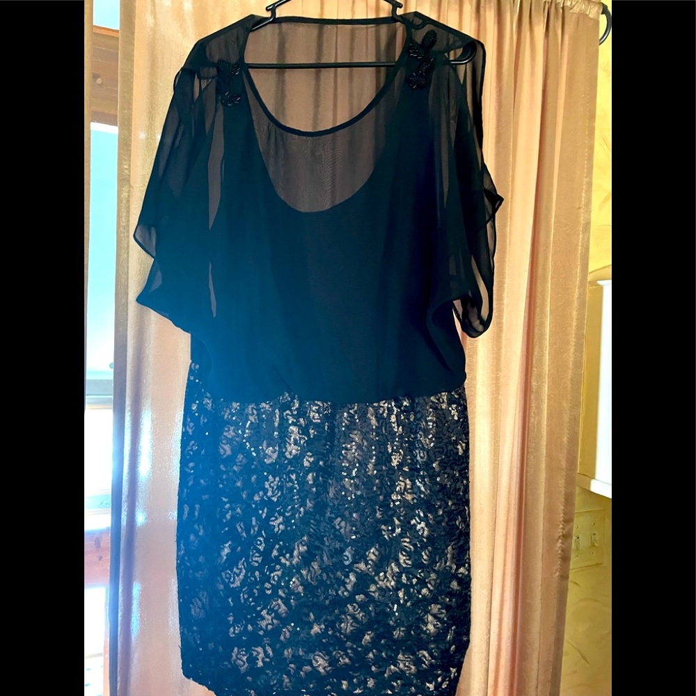 Scarlett Nite Black Sequin Lace Chiffon Cold Shoulder Dress 14 Large XL